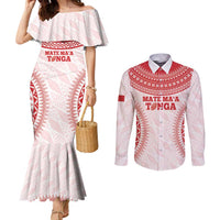 Custom Tonga Mate Maa Couples Matching Mermaid Dress and Long Sleeve Button Shirt Go Champions Tongan Ngatu - White