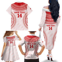 Custom Tonga Mate Maa Family Matching Off The Shoulder Long Sleeve Dress and Hawaiian Shirt Go Champions Tongan Ngatu - White LT14 - Polynesian Pride