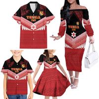 Custom Mate Maa Tonga XIII Family Matching Off The Shoulder Long Sleeve Dress and Hawaiian Shirt Tongan Kupesi Ngatu - Rugby Style LT14 - Polynesian Pride