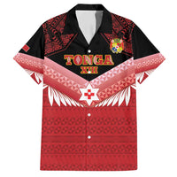 Custom Mate Maa Tonga XIII Family Matching Off Shoulder Maxi Dress and Hawaiian Shirt Tongan Kupesi Ngatu - Rugby Style LT14 Dad's Shirt - Short Sleeve Red - Polynesian Pride