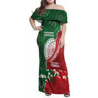 Custom Tonga And Australia Rugby Family Matching Off Shoulder Maxi Dress and Hawaiian Shirt Mate Maa Tongan Ngatu Mix Kangaroos Aboriginal LT14 Mom's Dress Green - Polynesian Pride