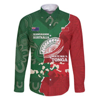 Custom Tonga And Australia Rugby Family Matching Puletasi and Hawaiian Shirt Mate Maa Tongan Ngatu Mix Kangaroos Aboriginal LT14 Dad's Shirt - Long Sleeve Green - Polynesian Pride