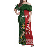 Custom Mate Maa Tonga And Kangaroo Australia Family Matching Off Shoulder Maxi Dress and Hawaiian Shirt Tongan Kupesi Mix Aboriginal Art LT14 Mom's Dress Green - Polynesian Pride