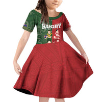 Custom Mate Maa Tonga And Kangaroo Australia Family Matching Off Shoulder Short Dress and Hawaiian Shirt Tongan Kupesi Mix Aboriginal Art LT14 Daughter's Dress Green - Polynesian Pride