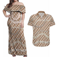 Brown Aloha Hawaii Shell Lei Couples Matching Off Shoulder Maxi Dress and Hawaiian Shirt Palaka Hebrew Cone Honey Cowrie Elegant Curves - Polynesian Pride