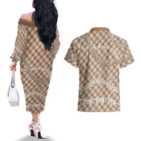 Brown Aloha Hawaii Shell Lei Couples Matching Off The Shoulder Long Sleeve Dress and Hawaiian Shirt Palaka Hebrew Cone Honey Cowrie Elegant Curves LT14 - Polynesian Pride