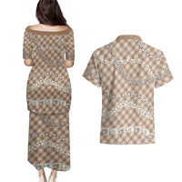 Brown Aloha Hawaii Shell Lei Couples Matching Puletasi and Hawaiian Shirt Palaka Hebrew Cone Honey Cowrie Elegant Curves - Polynesian Pride