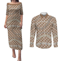 Brown Aloha Hawaii Shell Lei Couples Matching Puletasi and Long Sleeve Button Shirt Palaka Hebrew Cone Honey Cowrie Elegant Curves - Polynesian Pride