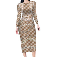 Brown Aloha Hawaii Shell Lei Family Matching Long Sleeve Bodycon Dress and Hawaiian Shirt Palaka Hebrew Cone Honey Cowrie Elegant Curves LT14 Mom's Dress Brown - Polynesian Pride