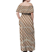 Brown Aloha Hawaii Shell Lei Off Shoulder Maxi Dress Palaka Hebrew Cone Honey Cowrie Elegant Curves - Polynesian Pride