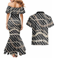 Black Aloha Hawaii Shell Lei Couples Matching Mermaid Dress and Hawaiian Shirt Palaka Hebrew Cone Honey Cowrie Elegant Curves - Polynesian Pride
