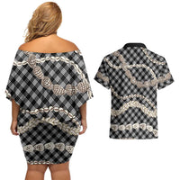 Black Aloha Hawaii Shell Lei Couples Matching Off Shoulder Short Dress and Hawaiian Shirt Palaka Hebrew Cone Honey Cowrie Elegant Curves - Polynesian Pride