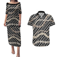 Black Aloha Hawaii Shell Lei Couples Matching Puletasi and Hawaiian Shirt Palaka Hebrew Cone Honey Cowrie Elegant Curves - Polynesian Pride