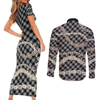 Black Aloha Hawaii Shell Lei Couples Matching Short Sleeve Bodycon Dress and Long Sleeve Button Shirt Palaka Hebrew Cone Honey Cowrie Elegant Curves - Polynesian Pride