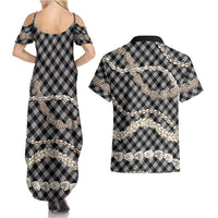 Black Aloha Hawaii Shell Lei Couples Matching Summer Maxi Dress and Hawaiian Shirt Palaka Hebrew Cone Honey Cowrie Elegant Curves - Polynesian Pride