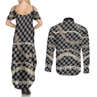 Black Aloha Hawaii Shell Lei Couples Matching Summer Maxi Dress and Long Sleeve Button Shirt Palaka Hebrew Cone Honey Cowrie Elegant Curves - Polynesian Pride