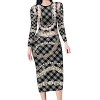 Black Aloha Hawaii Shell Lei Family Matching Long Sleeve Bodycon Dress and Hawaiian Shirt Palaka Hebrew Cone Honey Cowrie Elegant Curves LT14 Mom's Dress Black - Polynesian Pride