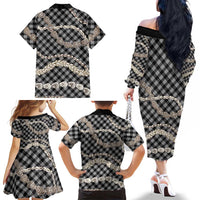 Black Aloha Hawaii Shell Lei Family Matching Off The Shoulder Long Sleeve Dress and Hawaiian Shirt Palaka Hebrew Cone Honey Cowrie Elegant Curves LT14 - Polynesian Pride