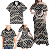 Black Aloha Hawaii Shell Lei Family Matching Off Shoulder Maxi Dress and Hawaiian Shirt Palaka Hebrew Cone Honey Cowrie Elegant Curves LT14 - Polynesian Pride