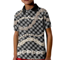 Black Aloha Hawaii Shell Lei Kid Polo Shirt Palaka Hebrew Cone Honey Cowrie Elegant Curves - Polynesian Pride