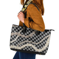 Black Aloha Hawaii Shell Lei Leather Tote Bag Palaka Hebrew Cone Honey Cowrie Elegant Curves - Polynesian Pride