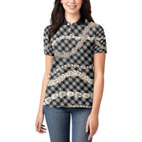 Black Aloha Hawaii Shell Lei Women Polo Shirt Palaka Hebrew Cone Honey Cowrie Elegant Curves - Polynesian Pride