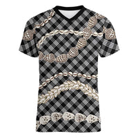 Black Aloha Hawaii Shell Lei Women V-Neck T-Shirt Palaka Hebrew Cone Honey Cowrie Elegant Curves - Polynesian Pride