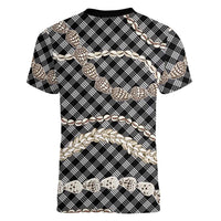 Black Aloha Hawaii Shell Lei Women V-Neck T-Shirt Palaka Hebrew Cone Honey Cowrie Elegant Curves - Polynesian Pride