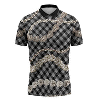 Black Aloha Hawaii Shell Lei Zipper Polo Shirt Palaka Hebrew Cone Honey Cowrie Elegant Curves - Polynesian Pride