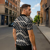 Black Aloha Hawaii Shell Lei Zipper Polo Shirt Palaka Hebrew Cone Honey Cowrie Elegant Curves - Polynesian Pride