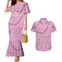 Pink Aloha Hawaii Shell Lei Couples Matching Mermaid Dress and Hawaiian Shirt Palaka Hebrew Cone Honey Cowrie Elegant Curves - Polynesian Pride