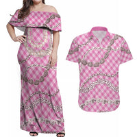 Pink Aloha Hawaii Shell Lei Couples Matching Off Shoulder Maxi Dress and Hawaiian Shirt Palaka Hebrew Cone Honey Cowrie Elegant Curves - Polynesian Pride
