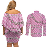 Pink Aloha Hawaii Shell Lei Couples Matching Off Shoulder Short Dress and Long Sleeve Button Shirt Palaka Hebrew Cone Honey Cowrie Elegant Curves - Polynesian Pride