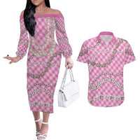 Pink Aloha Hawaii Shell Lei Couples Matching Off The Shoulder Long Sleeve Dress and Hawaiian Shirt Palaka Hebrew Cone Honey Cowrie Elegant Curves LT14 Pink - Polynesian Pride
