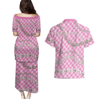 Pink Aloha Hawaii Shell Lei Couples Matching Puletasi and Hawaiian Shirt Palaka Hebrew Cone Honey Cowrie Elegant Curves - Polynesian Pride