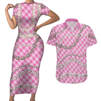 Pink Aloha Hawaii Shell Lei Couples Matching Short Sleeve Bodycon Dress and Hawaiian Shirt Palaka Hebrew Cone Honey Cowrie Elegant Curves LT14 Pink - Polynesian Pride
