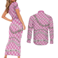 Pink Aloha Hawaii Shell Lei Couples Matching Short Sleeve Bodycon Dress and Long Sleeve Button Shirt Palaka Hebrew Cone Honey Cowrie Elegant Curves - Polynesian Pride