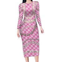 Pink Aloha Hawaii Shell Lei Long Sleeve Bodycon Dress Palaka Hebrew Cone Honey Cowrie Elegant Curves - Polynesian Pride