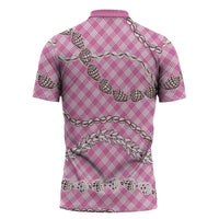 Pink Aloha Hawaii Shell Lei Zipper Polo Shirt Palaka Hebrew Cone Honey Cowrie Elegant Curves - Polynesian Pride