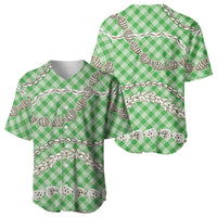 Green Aloha Hawaii Shell Lei Baseball Jersey Palaka Hebrew Cone Honey Cowrie Elegant Curves - Polynesian Pride