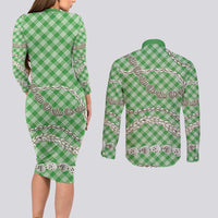 Green Aloha Hawaii Shell Lei Couples Matching Long Sleeve Bodycon Dress and Long Sleeve Button Shirt Palaka Hebrew Cone Honey Cowrie Elegant Curves - Polynesian Pride