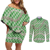 Green Aloha Hawaii Shell Lei Couples Matching Off Shoulder Short Dress and Long Sleeve Button Shirt Palaka Hebrew Cone Honey Cowrie Elegant Curves - Polynesian Pride