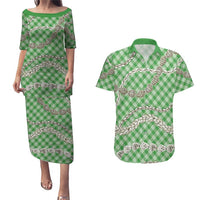 Green Aloha Hawaii Shell Lei Couples Matching Puletasi and Hawaiian Shirt Palaka Hebrew Cone Honey Cowrie Elegant Curves - Polynesian Pride