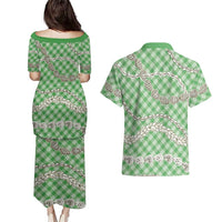 Green Aloha Hawaii Shell Lei Couples Matching Puletasi and Hawaiian Shirt Palaka Hebrew Cone Honey Cowrie Elegant Curves - Polynesian Pride