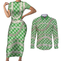 Green Aloha Hawaii Shell Lei Couples Matching Short Sleeve Bodycon Dress and Long Sleeve Button Shirt Palaka Hebrew Cone Honey Cowrie Elegant Curves - Polynesian Pride