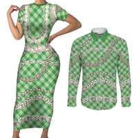 Green Aloha Hawaii Shell Lei Couples Matching Short Sleeve Bodycon Dress and Long Sleeve Button Shirt Palaka Hebrew Cone Honey Cowrie Elegant Curves - Polynesian Pride