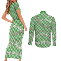 Green Aloha Hawaii Shell Lei Couples Matching Short Sleeve Bodycon Dress and Long Sleeve Button Shirt Palaka Hebrew Cone Honey Cowrie Elegant Curves - Polynesian Pride
