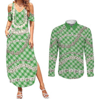 Green Aloha Hawaii Shell Lei Couples Matching Summer Maxi Dress and Long Sleeve Button Shirt Palaka Hebrew Cone Honey Cowrie Elegant Curves - Polynesian Pride