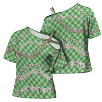 Green Aloha Hawaii Shell Lei Cross Shoulder Shirt Palaka Hebrew Cone Honey Cowrie Elegant Curves - Polynesian Pride
