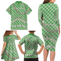 Green Aloha Hawaii Shell Lei Family Matching Long Sleeve Bodycon Dress and Hawaiian Shirt Palaka Hebrew Cone Honey Cowrie Elegant Curves LT14 - Polynesian Pride